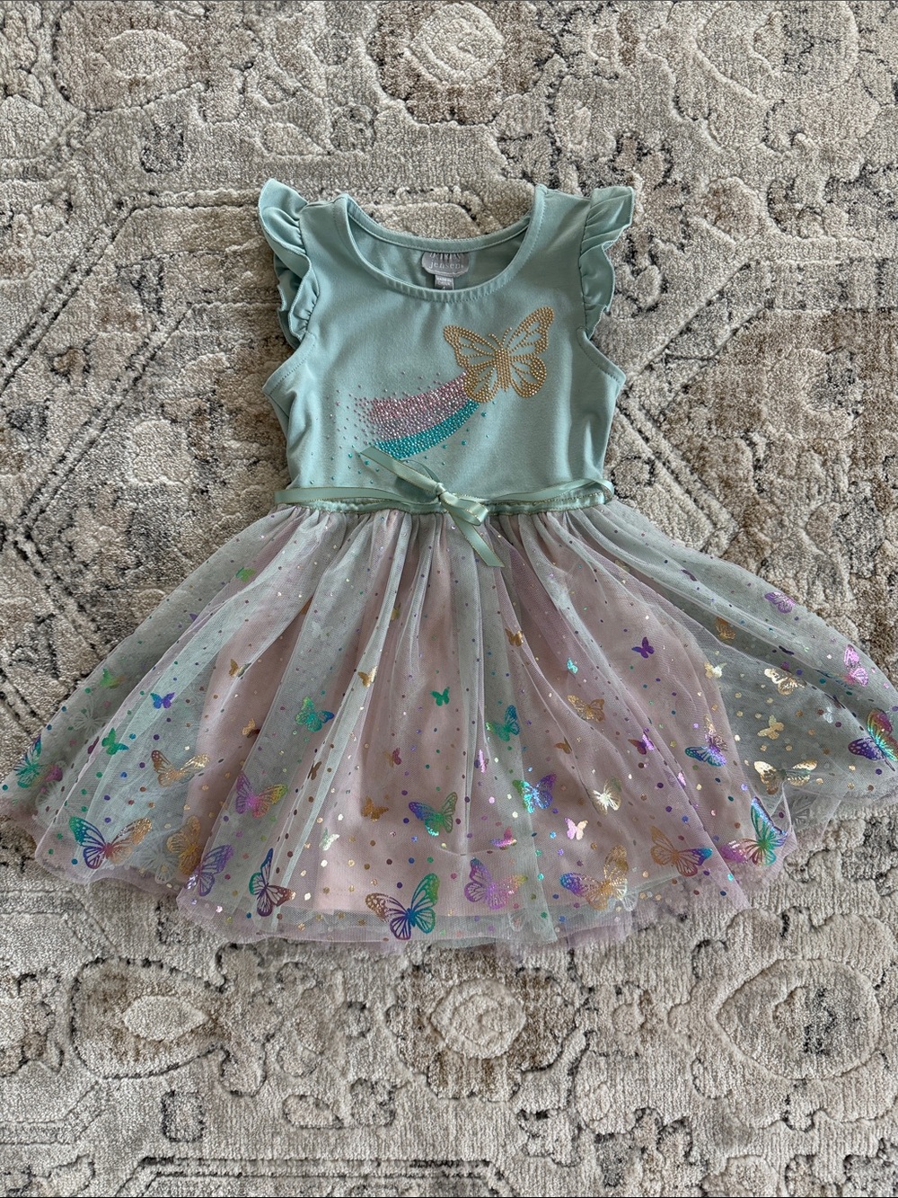 Mint Green Butterfly Tulle Dress with Sparkle 4T